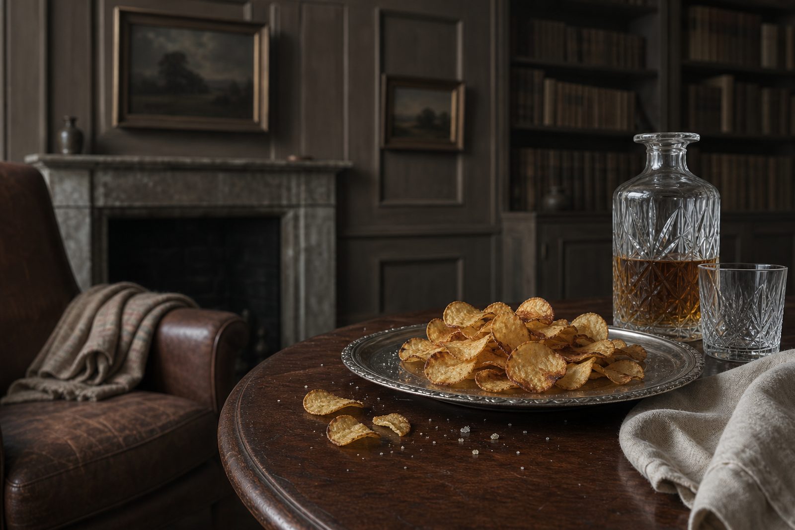 A silver salver of thin blistered crisps on a polished round table in a panelled country-house library, with a cut-crystal decanter of whisky and a tumbler, a leather armchair and folded blanket by a stone fireplace, dark landscape paintings and shelved books behind.