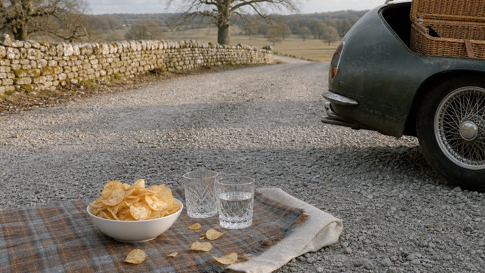 A white bowl of crisps and two cut-crystal tumblers of water on a tartan rug spread over a gravel drive, with fallen crisps on the wool, and the unbadged rear wing, wire wheel and wicker-loaded boot of a dark green vintage sports car at the right beside a dry stone wall.