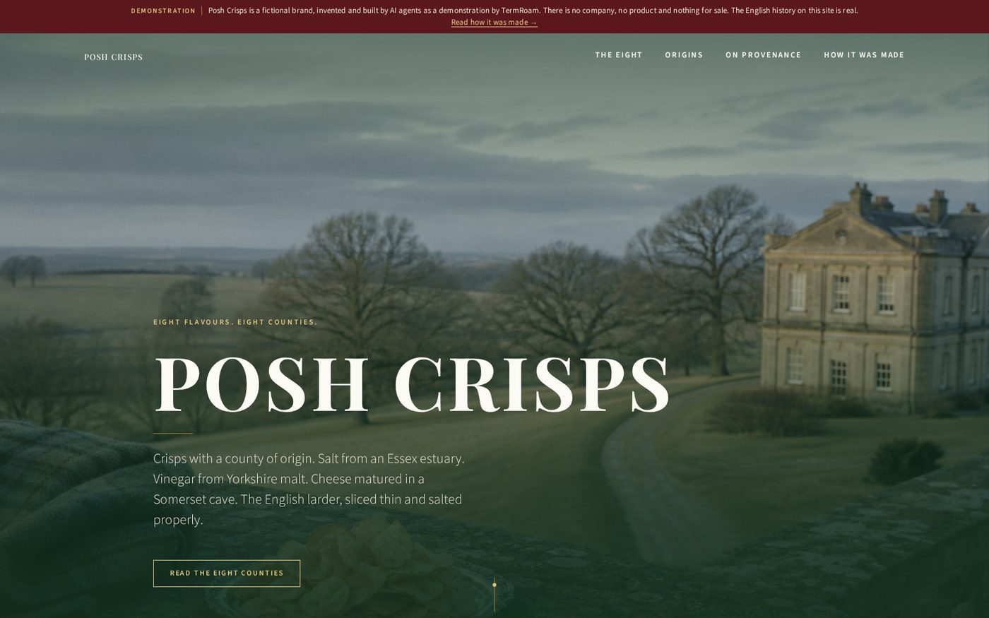 The Posh Crisps homepage: an English country house across misted parkland, wordmark set over it