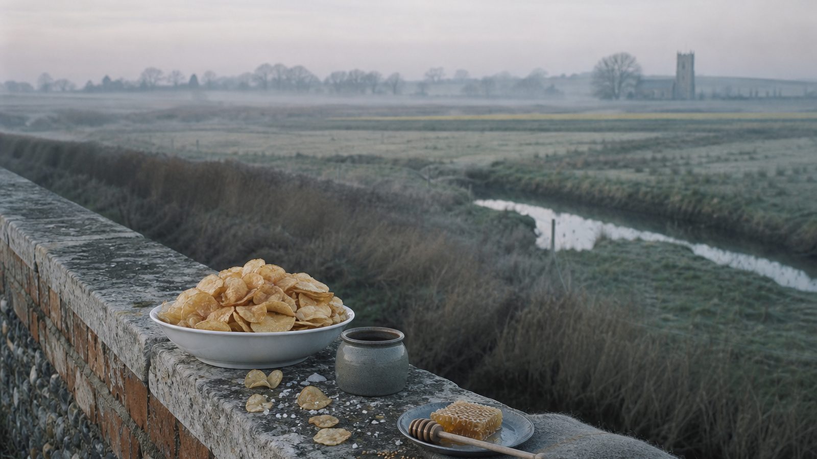 A shallow white bowl of crisps and a small grey mustard pot on a flint-and-brick wall in cold blue dawn mist, with a piece of honeycomb and a wooden honey dipper on a pewter plate, a drainage dyke running through frosted marsh and a flint church tower on the far skyline.
