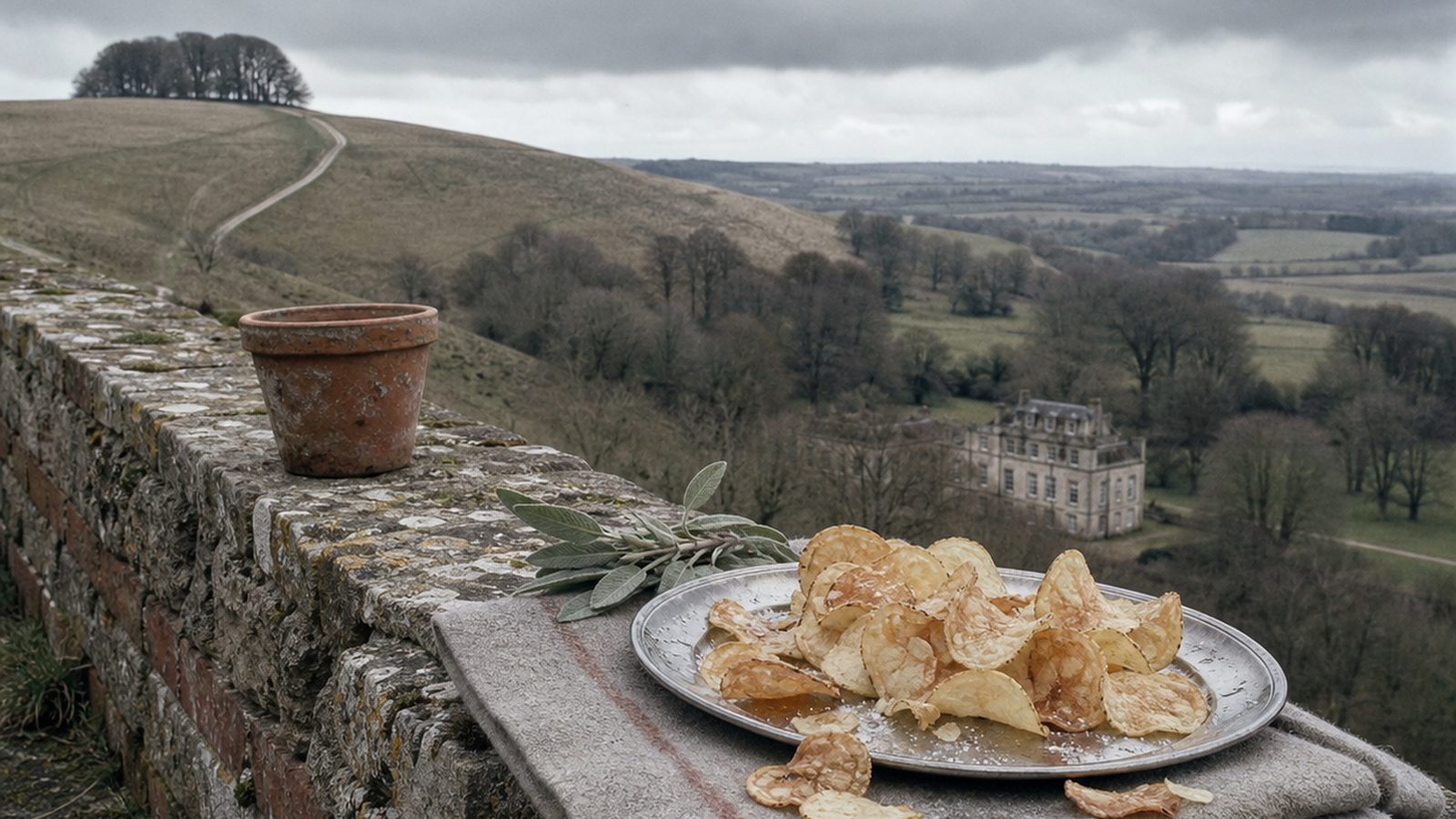 Accepted image: thin blistered crisps on a salver on a lichened parapet above chalk downland