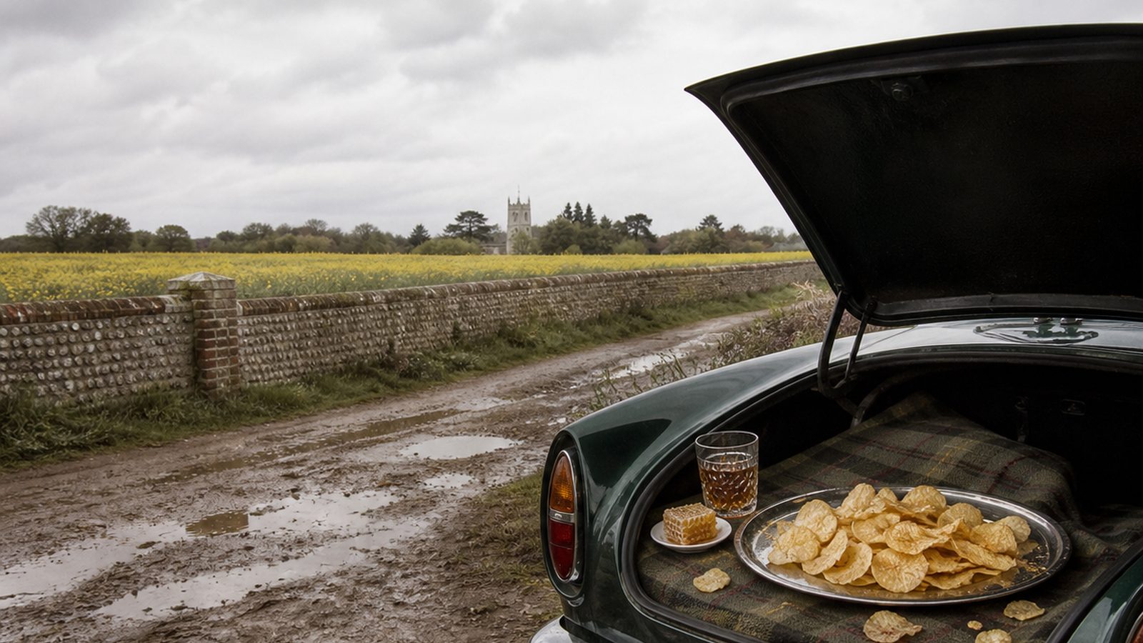 The open boot of a dark green vintage car on a muddy farm track beside a flint wall and a field of oilseed rape, holding a silver salver of crisps, a tumbler of amber liquid and a piece of honeycomb on a tartan rug, with a chrome winged crest emblem mounted on the boot lid above.