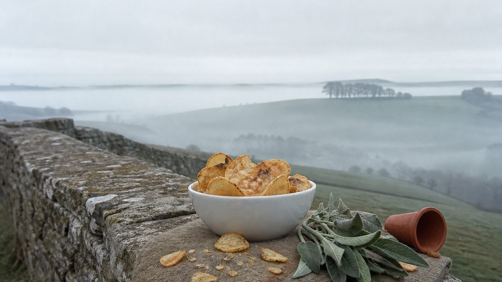 Rejected candidate: a bowl of thick uniform potato discs on stone, inert composition