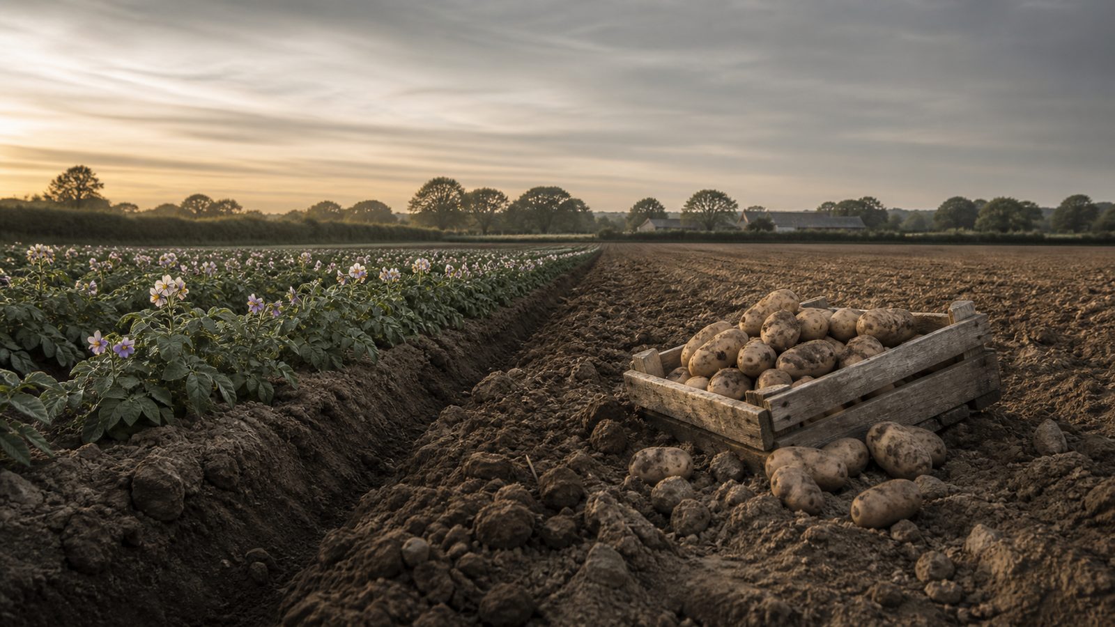 A UK potato field at dawn with rows of flowering potato plants on the left, a deep furrow of sharply detailed turned clods leading to the horizon, a weathered wooden crate of freshly lifted potatoes on bare soil at right, and hedgerow, oaks and stone farm buildings beyond.