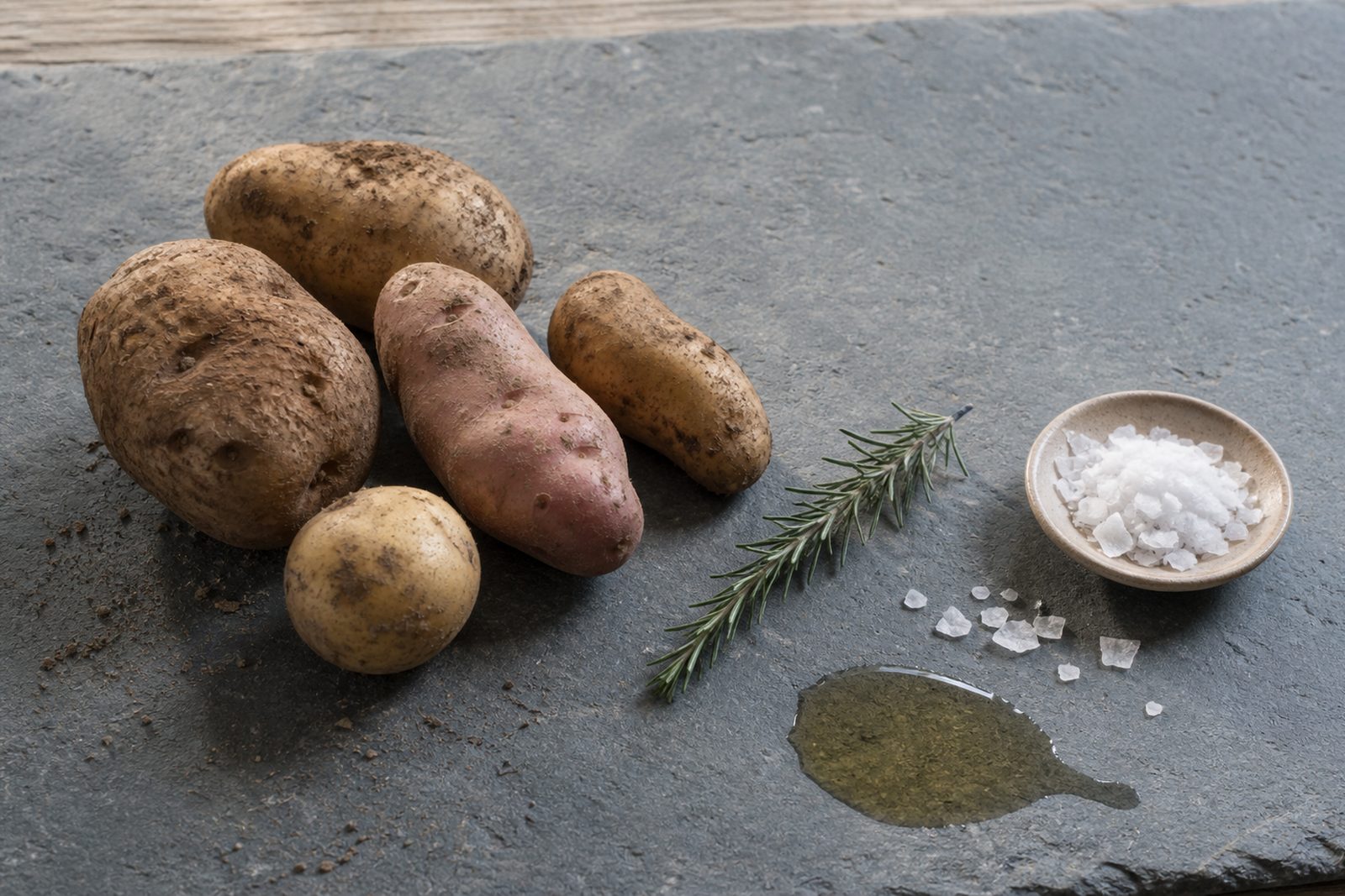 Five unwashed heritage potatoes with soil in their eyes, one pink-skinned, grouped on a honed grey slate slab over weathered oak, beside a rosemary sprig, a shallow spill of oil, scattered flake salt crystals and a small unglazed dish heaped with sea salt.