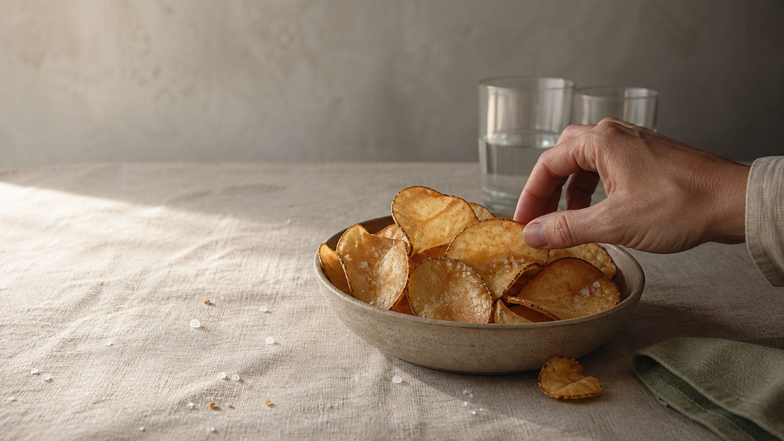 A speckled stone bowl of golden salted crisps on a sunlit linen tablecloth, a hand reaching in from the right to lift one crisp between finger and thumb, with a glass of water and two empty glasses behind and a sage-green cloth at the right edge.