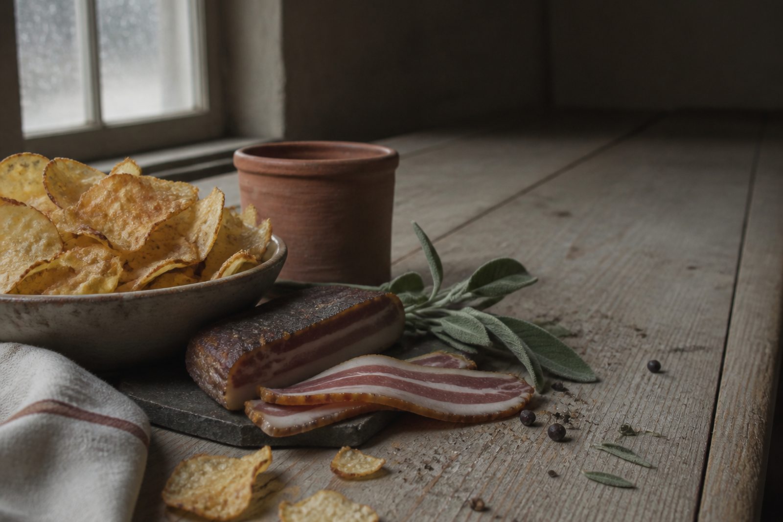A stoneware bowl of crisps on worn deal boards in a dim scullery, lit by one cold rain-flecked window at the left, with a slab of streaky bacon and two cut rashers on a slate board, a terracotta pot, sage leaves, scattered peppercorns and juniper berries, and fallen crisps in front.